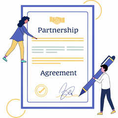 Two people collaborating on a partnership agreement document with a handshake icon and a signature symbolizing business collaboration and legal contracts