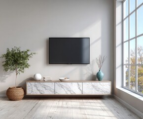A modern living room scene, featuring a wall-mounted television, a marble-topped entertainment center, and a potted plant, bathed in natural light.