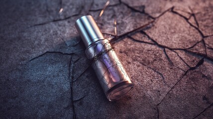 Shattered Sunscreen Bottle Refracting Prismatic Light, Organic Vines Creeping Through Cracks, Beauty Industry Concept