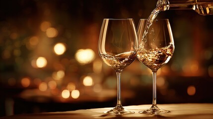 Full Wine Glasses Pouring with Dynamic Splash, Warm and Elegant Dining Still Life for Ads and Menu Design