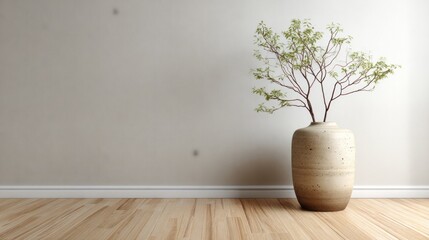 A minimalist beige room features a decorative plant in a large, textured vase, highlighting neutral tones and simple elegance.