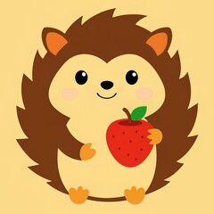 Fototapeta premium Cute hedgehog holding a red apple, doodle vector illustration