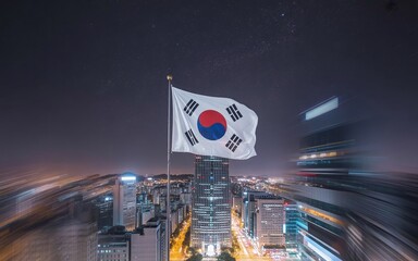 night city scene with the South Korea flag illuminated by soft building lights