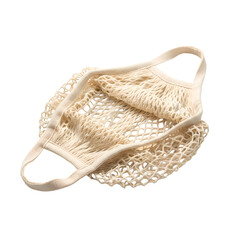 Beige Mesh Bag Lies on Transparent Background, Promoting Reusable Shopping Bag and Zero Waste