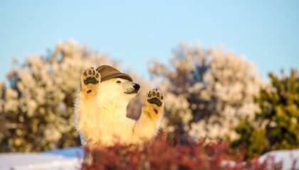Playful polar bear in a hat