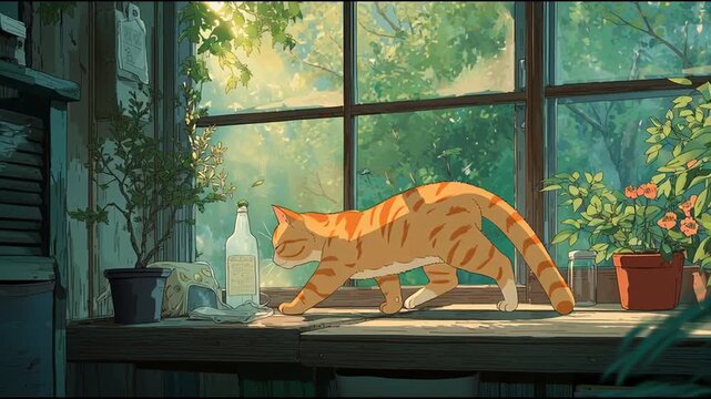 anime and warm soft spring light, vintage scene, blossoms ginger cat near a train window or Music outside, quiet sunlit room, a or greenery Motion peaceful texture, in mood Slow Lofi May a  89088668 1