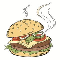 Handdrawn burger with cheese, tomato, lettuce, onion, and pickles with steam this delicious burger illustration is
