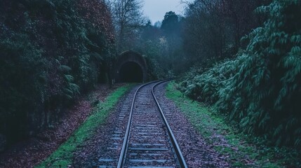Fototapeta premium Eerie Train Tracks Leading to Dark Tunnel in Overgrown Forest, Moody Lighting