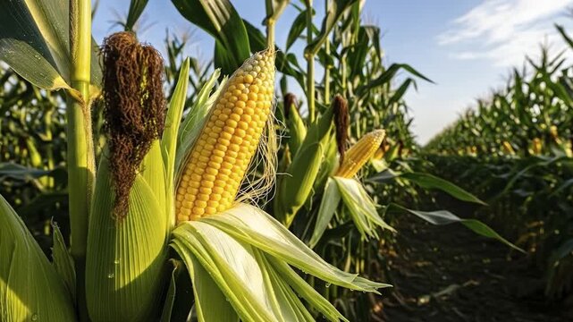 A close-up view of a vibrant green cornfield under a clear sky featuring several ears of ripe yellow corn some with husks partially pulled back revealing the kernels