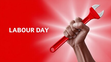 A hand holding a wrench with the words Labour Day written below it. Concept of hard work and dedication, as the worker is holding the wrench with determination. The red background adds a bold