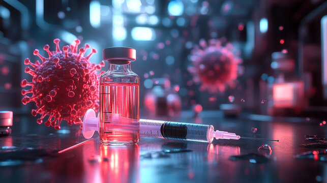 Coronavirus vaccine and virus in futuristic lab. Medical research, science. For healthcare news.