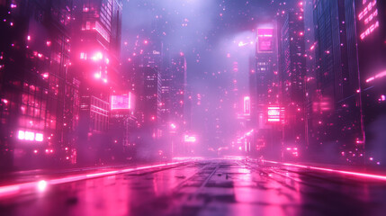 Futuristic cyberpunk city street with glowing pink neon and wet reflections. Metaverse, sci-fi, virtual reality. Moody synthwave vibe. For gaming, music, streaming.