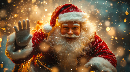 Smiling Santa Claus waving amid golden snow and bokeh lights. Christmas joy, festive magic. A warm and welcoming holiday spirit. For greeting cards, ads, events.