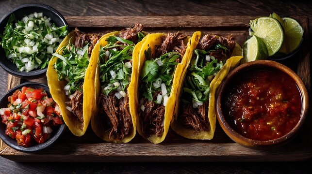 Authentic barbacoa lamb arranged left right with tortillas salsa and cactus salad festive food photography