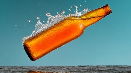 A bottle of beer is flying through the air, with water droplets spraying out of it. Concept of excitement and fun, as if the bottle is being launched into the sky