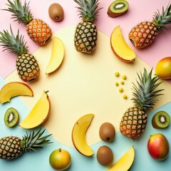Flat lay of tropical fruits and candies on a colorful pastel background