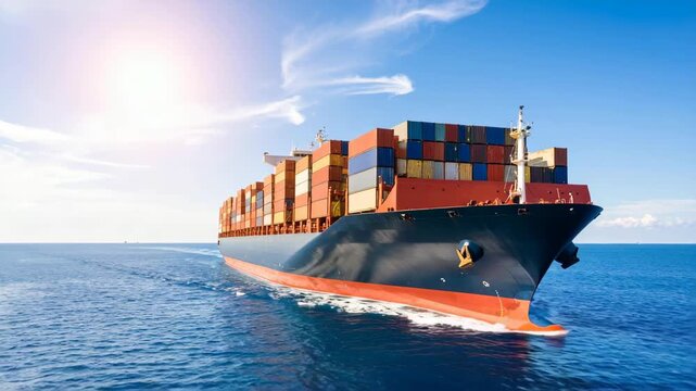 Large container ship transporting cargo across ocean under blue sky with shipping containers loaded for global trade