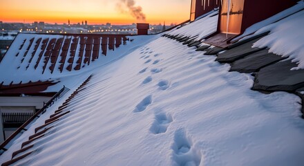 Snowy rooftop footprints winter sunrise cityscape scenic view cold weather roof snow covered winter scene