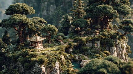 Naklejka premium Secluded Asian Pagoda Nestled Among Cliffs and Verdant Vegetation
