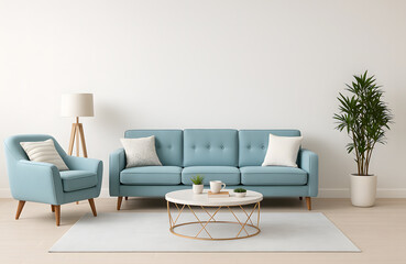 Modern Minimalist Living Room with Blue Sofa, White Rug, and Indoor Plant Décor