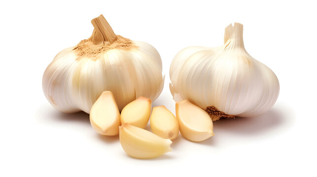 Two garlic bulbs with some cloves scattered around them on a white background.