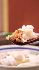 Fresh Handmade Meat Wontons on Wooden Spoon - Traditional Chinese Dumplings