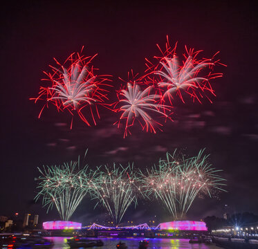 Beautiful fireworks or firecrackers in the night sky, a celebration of an annual festival (Blur or Blerry)