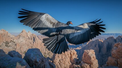 Obraz premium Black raven and eagle flying with wings spread in the wild blue sky