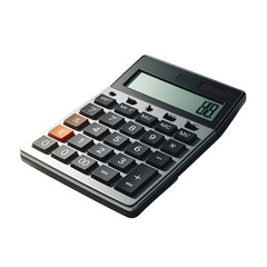 A gray and black calculator angled slightly, showing a digital display and numbered keys