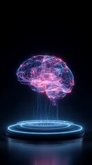 Glowing Human Brain on Futuristic Platform AI, Neural Network Concept