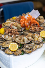 A large seafood platter with a variety of fresh seafood, including oysters, whelks, shrimp, prawns, and scallops, is a presentation of the market's assortment and a tasting set in Paris, France.