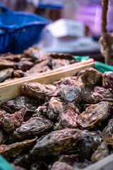 Fresh oysters are for sale in a wooden crate at a street seafood market in Paris, France. One oyster is open, revealing the meat inside.