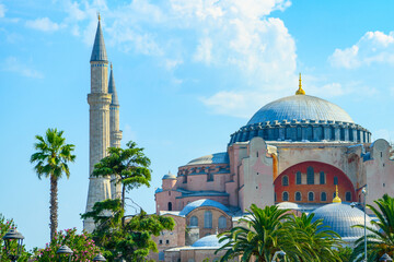 Majestic of the great Hagia Sophia mosque in Sultanahmet Square.Old Haya Sophia, Istanbul, Turkey. Architecture of the Islamic religion.