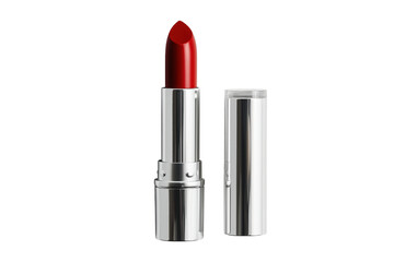 Obraz premium Elegant red lipstick in silver case on a solid transparent background for beauty concept
