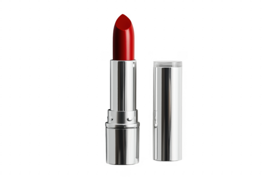 Elegant red lipstick in silver case on a solid transparent background for beauty concept
