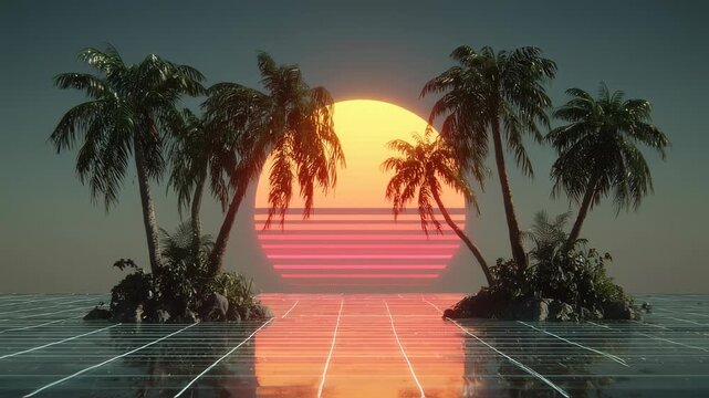 Retro 80s sunset with palm trees and neon grid. Vaporwave aesthetic video background. Synthwave tropical scene for music visualizer or looping animation.