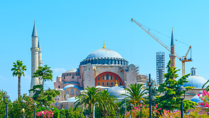 Majestic of the great Hagia Sophia mosque in Sultanahmet Square, Istanbul, Turkey.Old Orthodox Christian Cathedral of ancient Byzantium - Haya Sophia. Panorama of restoration and repair.