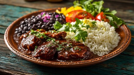 Authentic Mexican mole poblano chicken served rice and beans arranged left to right on a rustic wooden table detailed food photography