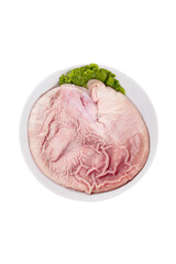 Raw pork belly meat on white plate with lettuce garnish isolated on white background