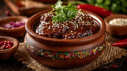 Fototapeta premium Authentic Mexican mole poblano dish served traditional clay pot garnished with sesame seeds and fresh herbs rich sauce texture vibrant cultural presentation traditional background