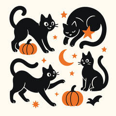 Playful black cat illustrations with pumpkins and stars in a Halloween theme, perfect for seasonal decorations, party invitations, and festive designs.