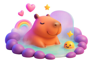 Naklejka premium Adorable cartoon-style capybara in a colorful fantasy bath with rainbow, hearts, and smiling companion, isolated on a clean white background. Ai generative