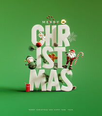 White Christmas letters with Christmas symbols on green background. Creative Merry Christmas banner design. 3D Rendering, 3D Illustration