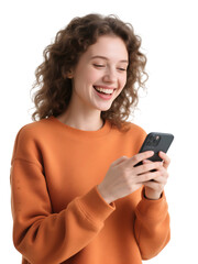 Fototapeta premium Orange sweatshirt girl laughs at phone on transparent background. Provides PNG for overlays, mockups, social media, and branding.