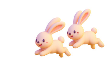 Obraz premium Two cute cartoon-style bunnies jumping together, soft pastel colors, isolated on white background, concept of playful animal element. Ai generative