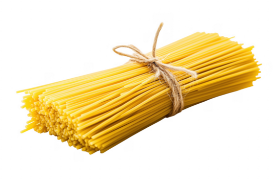 Fresh italian spaghetti pasta bundle tied with natural twine on transparent background