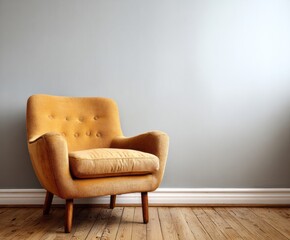 A muted, serene room is highlighted by a single, warm mustard-yellow armchair, positioned against a light gray wall.