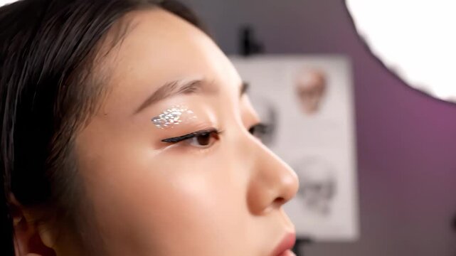 Professional makeup artist applying halloween skull makeup on beautiful young asian woman in studio setting, using black eyeliner, silver glitter and skull reference images