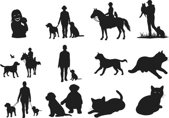 Silhouettes of people with pets, walking dogs, holding cats, riding horses, flying birds, outdoor activity, animal care, companionship, family, nature