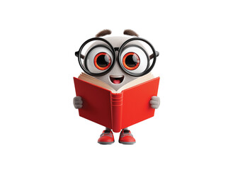 Happy bookworm sticker with glasses and a red book isolated on transparent White background png